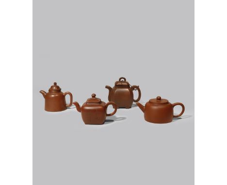 FOUR CHINESE YIXING TEAPOTS AND COVERS QING DYNASTY Three plain and one incised with calligraphy and a spray of bamboo, two w