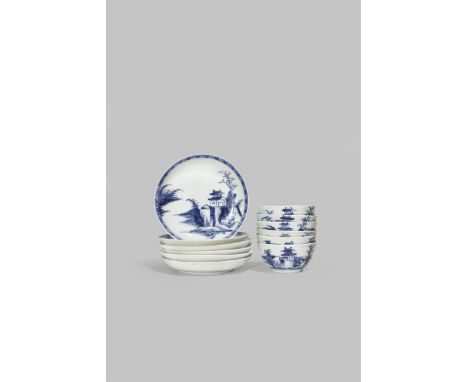 SIX CHINESE BLUE AND WHITE TEA BOWLS AND SAUCERS FROM THE NANKING CARGO C.1750 Painted with pagodas in a river landscape, a g