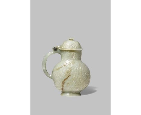 A CHINESE PALE CELADON JADE MOGHUL-STYLE EWER AND COVER 19TH CENTURY With a flattened ovoid body carved in low relief with fl