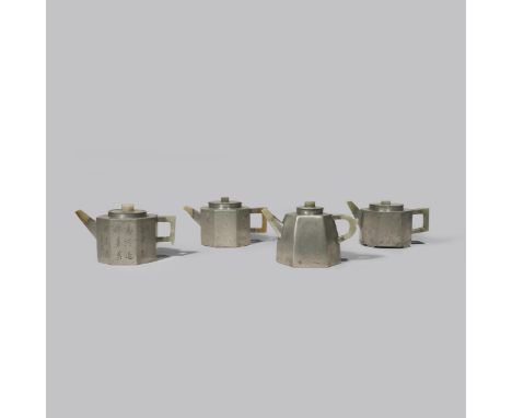 FOUR CHINESE INSCRIBED PEWTER-ENCASED YIXING TEAPOTS AND COVERS QING DYNASTY Each set with a jade spout, knop and handle and 