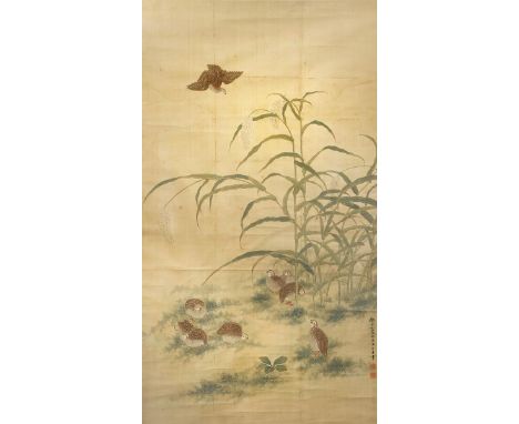 WANG JIAN ZHANG (17TH CENTURY) QUAILS AND MILLET IN THE SONG DYNASTY STYLE A rare Chinese scroll painting, ink and colour on 