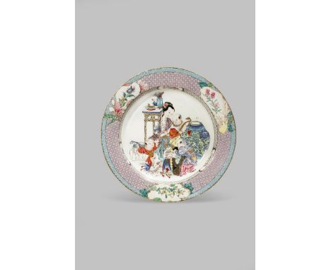 A CHINESE FAMILLE ROSE RUBY-BACK SHALLOW BOWL YONGZHENG 1723-35 Brightly painted in fine detail with a young woman and three 