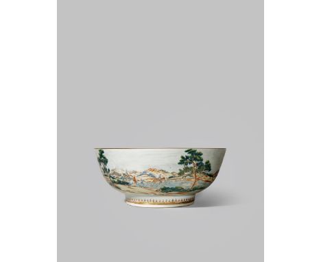 A CHINESE FAMILLE ROSE 'FOX HUNTING' BOWL QIANLONG 1736-95 Painted with a continuous hunting scene with huntsmen and packs of