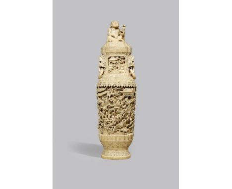 A LARGE CHINESE CANTON IVORY VASE AND COVER 19TH CENTURY With an ovoid body elaborately carved with small figures in a landsc