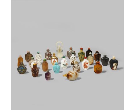 TWENTY-FOUR SNUFF BOTTLES 19TH AND 20TH CENTURY In glass, jade, hardstone, metal and other materials, variously decorated wit