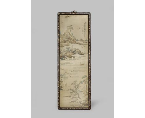 A CHINESE EMBROIDERED SILK 'LANDSCAPE' PANEL LATE QING DYNASTY With fishermen in a mountainous village by the river's edge, t