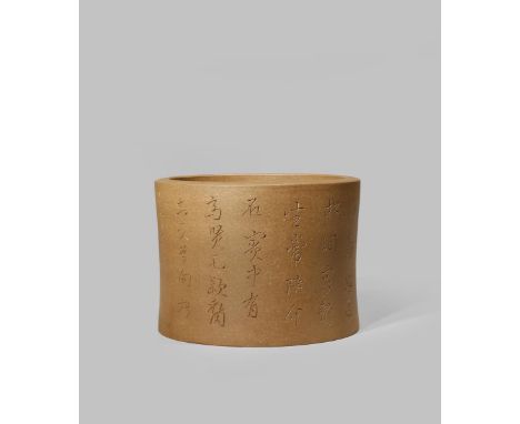 A CHINESE YIXING DUANNI BITONG QING DYNASTY OR LATER With a waisted cylindrical body with eight incised lines of calligraphy,