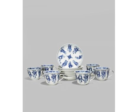 A SET OF SIX CHINESE BLUE AND WHITE CUPS AND SAUCERS 19TH CENTURY Painted with the Eight Immortals, each with a four characte