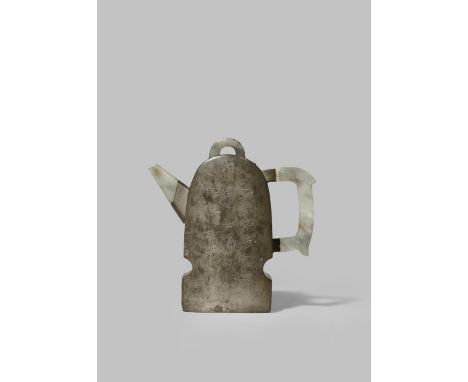 A CHINESE INSCRIBED PEWTER TEAPOT AND COVER QING DYNASTY The body shaped as a qin, set with a jade spout, handle and knop, on