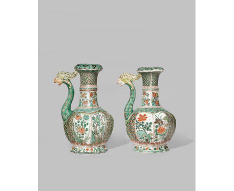 TWO CHINESE FAMILLE VERTE 'PHOENIX' KENDI KANGXI 1662-1722 Each with a quatrefoil body and a tall neck decorated with panels 
