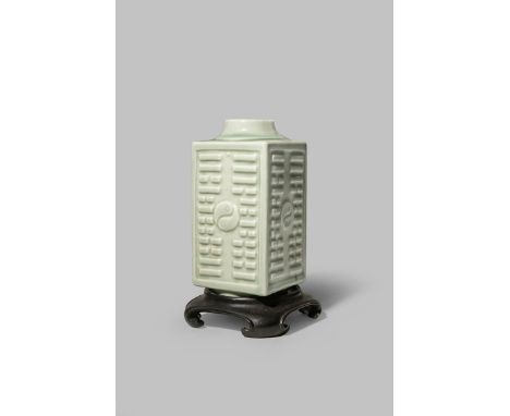 A CHINESE CELADON CONG-SHAPED VASE LATE QING DYNASTY The square-section body decorated with a yin-yang symbol and trigrams to