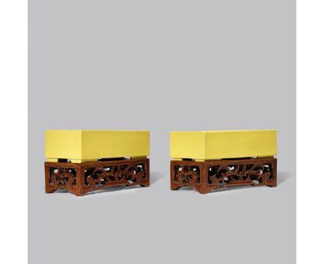A PAIR OF CHINESE YELLOW-GROUND JARDINIERES LATE QING DYNASTY With rectangular-section bodies, glazed in bright monochrome, r
