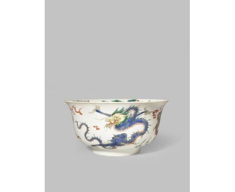 A CHINESE FAMILLE VERTE 'FIVE-DRAGON' BOWL KANGXI 1662-1722 The exterior painted with four dragons amidst fire wisps chasing 