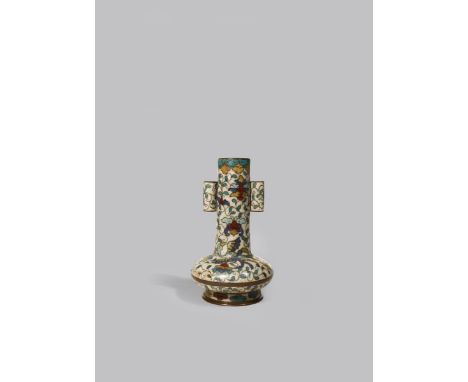 A SMALL CHINESE CLOISONNE ARROW VASE MING DYNASTY With a compressed circular body and a tall neck decorated with two phoenix,