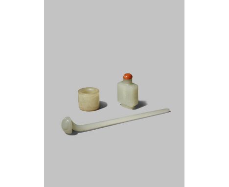 THREE CHINESE CELADON JADE ITEMS QING DYNASTY Comprising: a hair pin carved with a shou character and spiraling motifs, a snu
