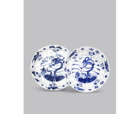 A PAIR OF CHINESE BLUE AND WHITE 'DRAGON' DISHES KANGXI 1662-1722 Each painted with a dragon and a carp emerging from swirlin