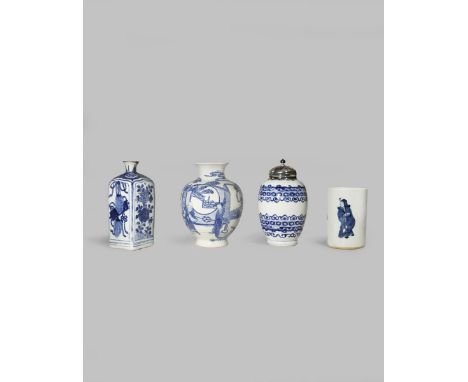 FOUR CHINESE BLUE AND WHITE ITEMS KANGXI AND LATER Comprising: an ovoid jar painted with floral, diaper and ruyi-head bands, 