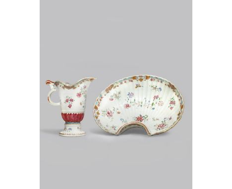 A CHINESE FAMILLE ROSE SILVER-SHAPED BASIN AND EWER 18TH CENTURY The ewer with a phoenix head handle and a band of lotus peta