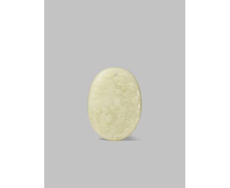 A CHINESE YELLOW JADE OVAL 'ZI GANG' PLAQUE QING DYNASTY OR LATER Carved in shallow relief with a hermit and his assistant on