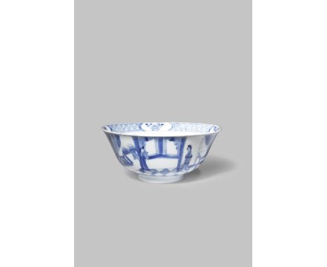 A CHINESE BLUE AND WHITE BOWL KANGXI 1662-1722 With a gently flared rim painted with two panels of figures in an interior, th