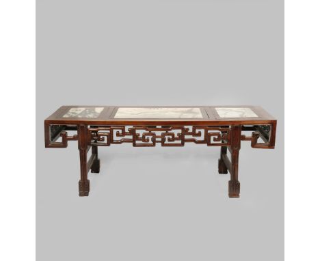 A CHINESE HARDWOOD AND DREAMSTONE LOW TABLE LATE QING DYNASTY The rectangular top set with three dreamstone panels, each insc