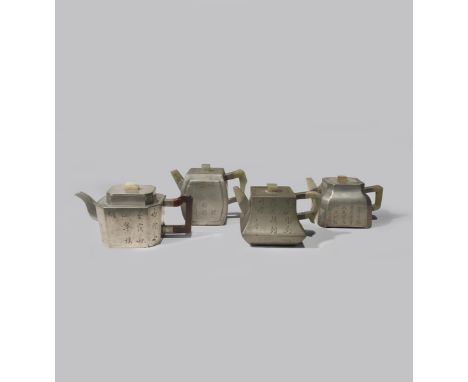 A CHINESE PEWTER AND THREE PEWTER-ENCASED YIXING SQUARE-SECTION TEAPOTS AND COVERS QING DYNASTY Three with jade handles and s