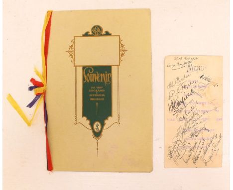Cricket: An England v. Australia in Brisbane Souvenir Menu, 1928, signed by over 30 various cricketers and staff from the Fir