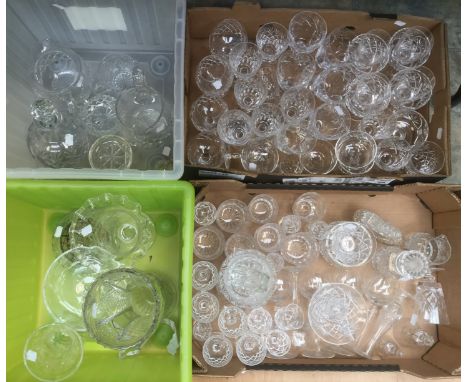 Cut glass suites of drinking glasses, vases, pickle jar, hock glasses, jugs and decanters etc (4 boxes)
