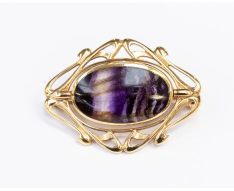 A 9ct gold double swivel brooch, set with oval Blue John and moss agate, size approx 35 mm x 25 mm, fancy 9ct gold surround, 