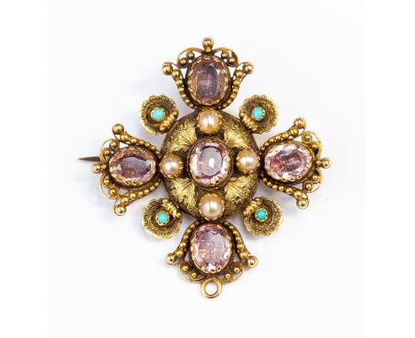 A Victorian quatrefoil brooch set turquoise, pearl and amethyst stones, unmarked 9ct gold, size approx 38 mm, total gross wei