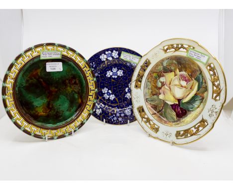 Three cabinet plates, Wedgwood rose pattern, Copeland Spode and Wedgwood with Greek key edge design