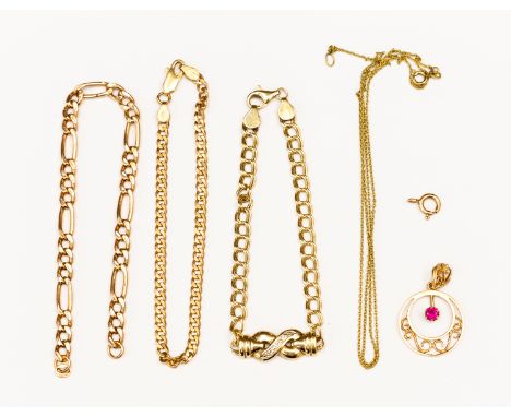 A 9ct gold and ruby stone set pendant, circular open work design on a gilt metal chain, along with a diamond set 9ct gold inf