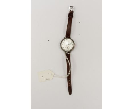 J W Benson, a circa 1920's gents J W Benson silver wristwatch, 3 cm circular white enamel dial with subsidiary seconds dial, 