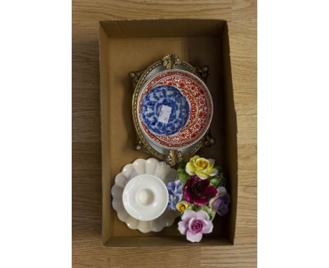 Assorted chinaware including floral basket, Spode candlestick and Continental china bowl in metal ormolu style stand