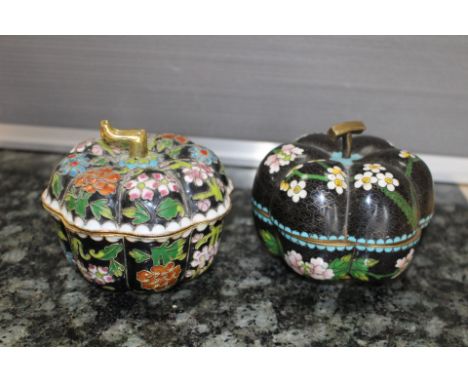 A pair of Cloisonné enamel pumpkin shaped lidded bowls, with a floral pattern