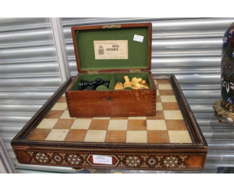 A Tunbridge Ware chess board with ivory and wood chequer board, together with a Staunton ebony and boxwood Royal chessman box