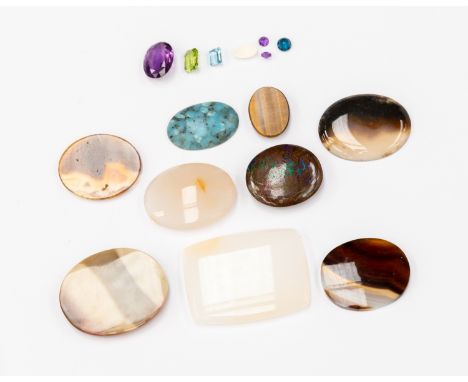 Six polished agates, tigers eye, matrix bolder opal and seven (close faceted stones) (15)