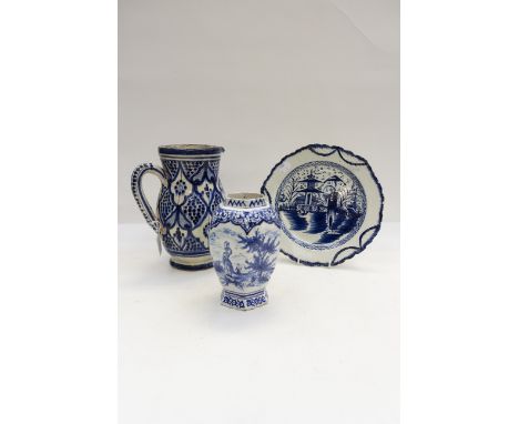 A collection of Delftware including 18th Century style polychrome plate decorated with Chinese figure with pagoda (chips to b