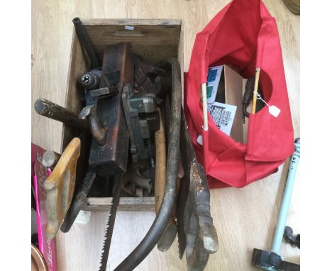 A large quantity of assorted tools, including a vice, plane, hammers, axe, tenon saw, cross cut saw, rip saw, bow saw, pulley