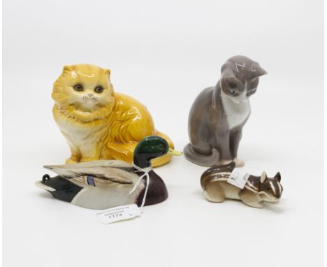 Copenhagen porcelain cat, Goebel cat, Beswick mallard, plus a Russian squirrel (4)