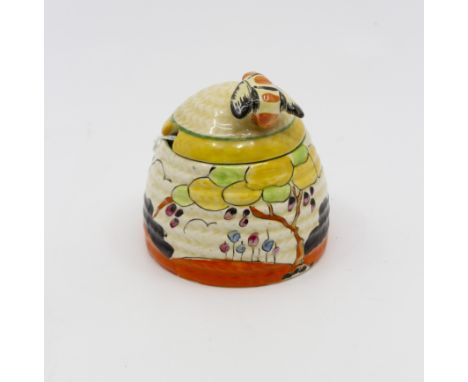 Clarice Cliff for Wilkinson, a small Tulips beehive honey pot, Bizarre mark, 7.5cm highCondition: No obvious signs of damage 