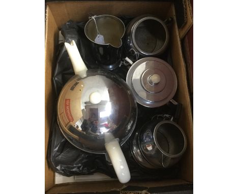 Art Deco sugar bowl and milk jug, chrome plated and bakelite, masters, amber bakelite - A Masters stay hot teapot, chrome pla