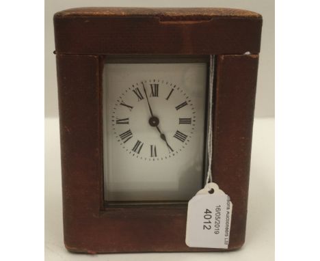 19th Century French carriage clock with enamelled dial in original leather carrying case and key
