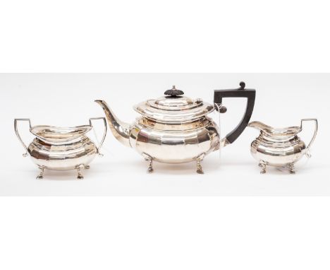 A George V silver teapot, sugar bowl and milk jug, Sheffield 1917 by Stevenson and Law, total gross weight approx ebonised ha