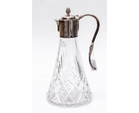 A Harrison Brothers &amp; Howson cut glass claret jug, silver collared with lid, London 2007, star cut base