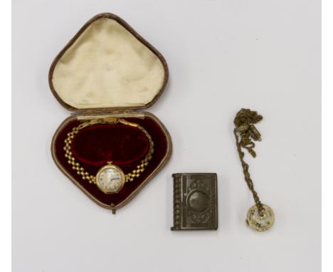 A 1920's 9 ct gold cased ladies wrist watch with rolled gold bracelet, a 1960's fob watch etc (original box) together with a 