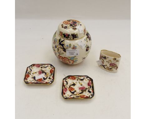 Two Mason's Mandalay ashtrays with a Mandarin pattern jar and lid, plus a small Mandalay pot (pin jar etc)