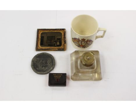 Coronation mug, brass topped inkwell, framed black and white photograph, butter pat, miniature dictionary