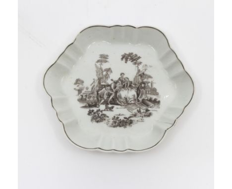 An early First Period Worcester hexagonal fluted tea pot stand, black printed scene 'L'Amour', by Robert Hancock, with a blac