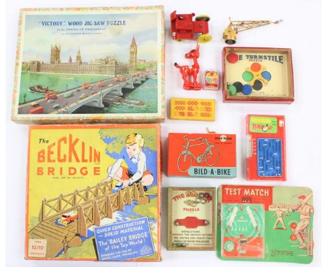 Collection of vintage toys and games including Gantoy mule, R. Journet puzzles, Becklin Bridge etc
